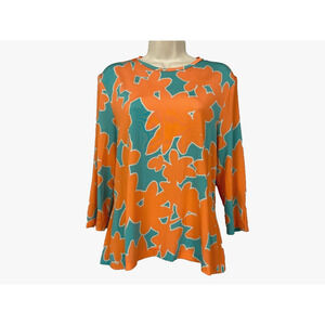 Stine Goya Top Womens XL Orange Blue Floral Slinky Knit Art to Wear 3/4 Sleeve